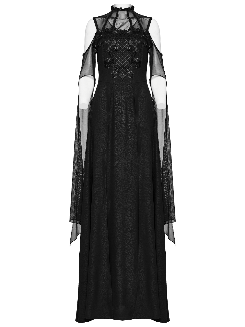 Elegant black lace off-the-shoulder long party dress with sheer sleeves and intricate detailing.