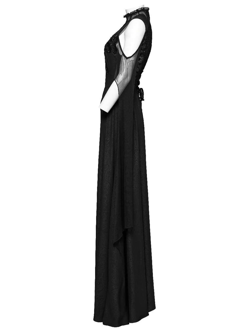Elegant black lace off-the-shoulder dress with irregular trumpet sleeves and a slit skirt, showcasing gothic charm.