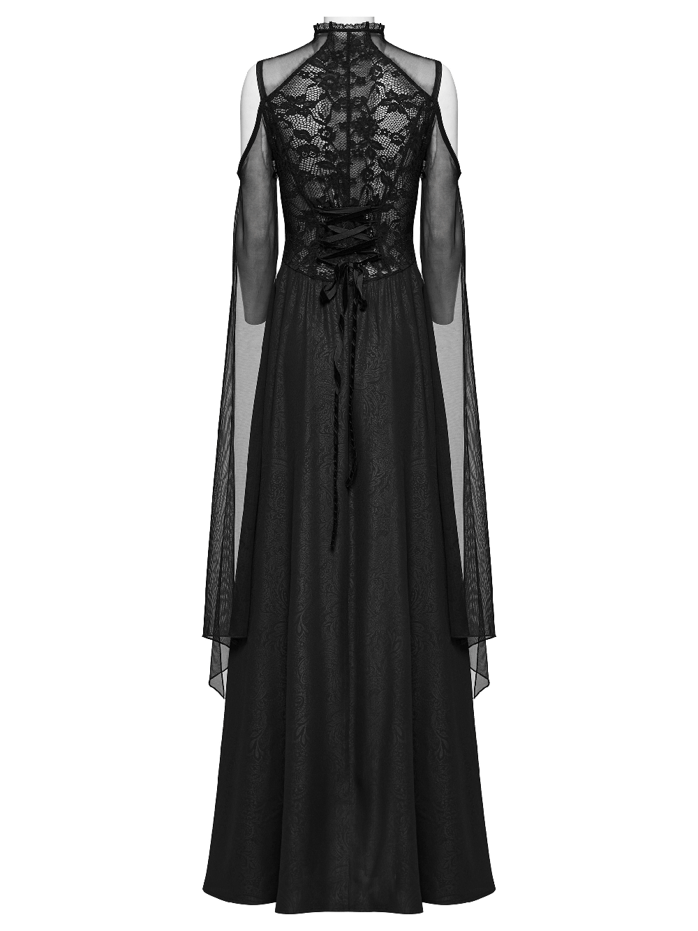 Elegant black lace off-the-shoulder long party dress with trumpet sleeves and velvet drawstrings
