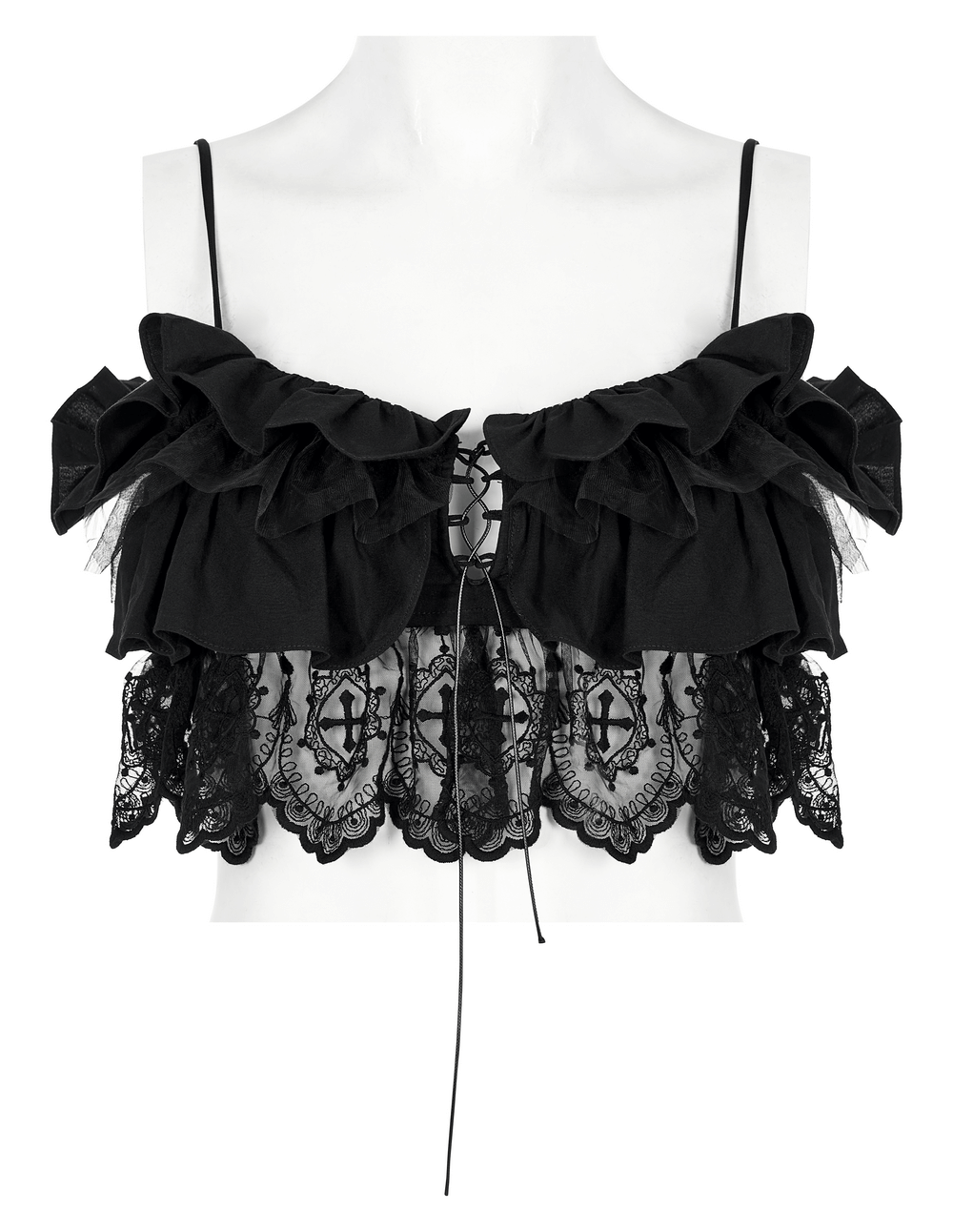Elegant black lace off-the-shoulder top camisole with dramatic V-neck and ruffled details.