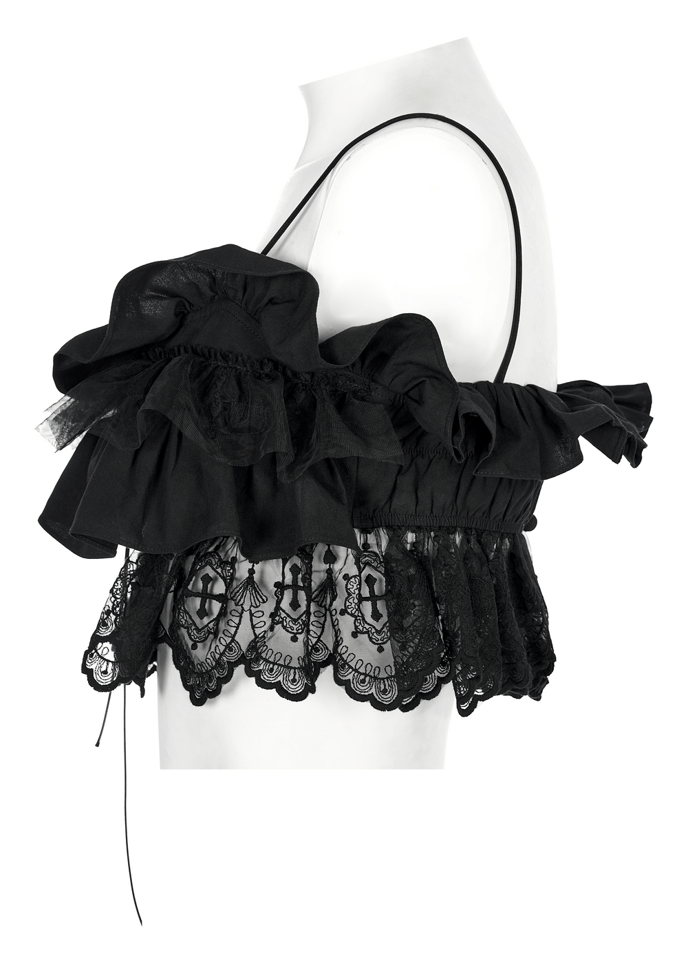 Elegant black lace off-the-shoulder camisole with ruffled detailing and dramatic V-neckline.