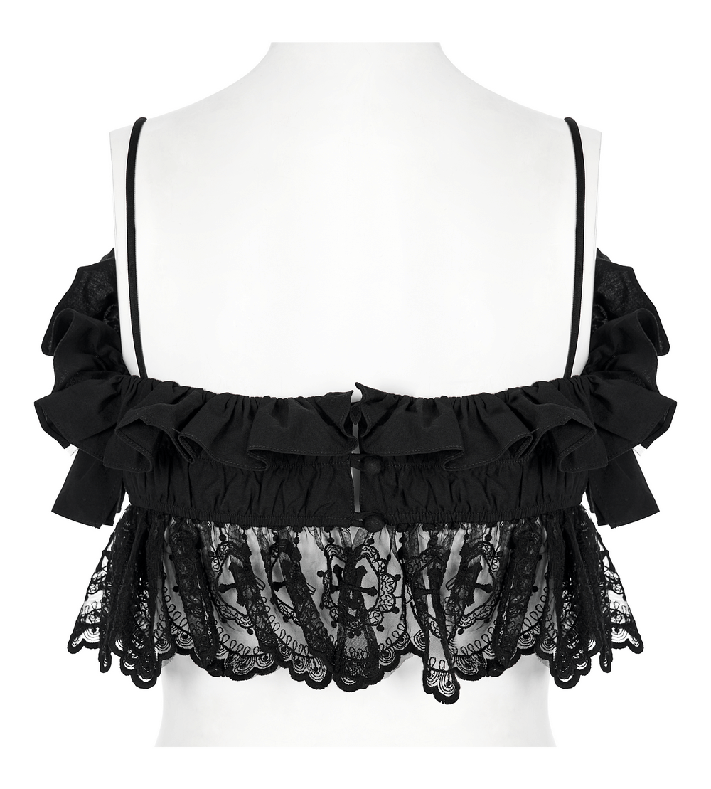 Back view of elegant black lace off-the-shoulder top with ruffles and lace accents, perfect for gothic fashion.