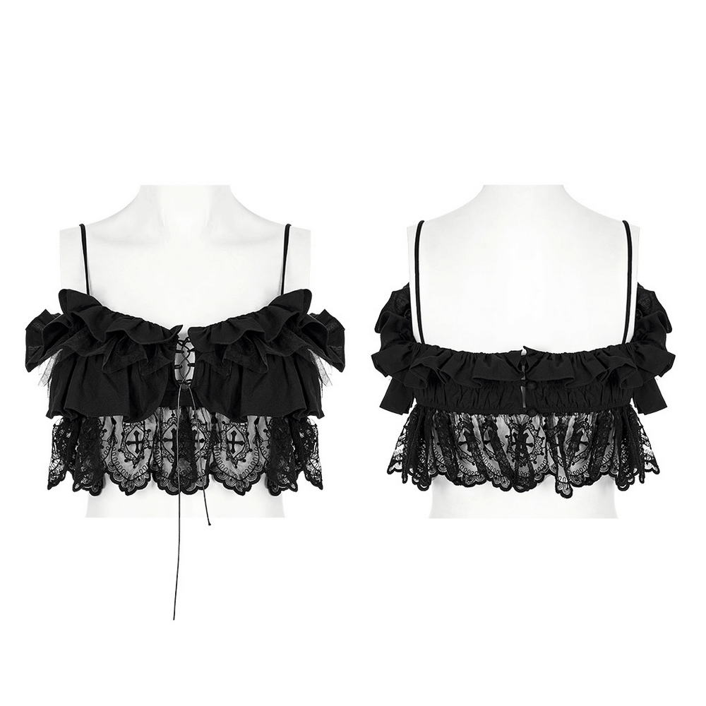 Elegant black lace off-the-shoulder crop top with ruffles and V-neck, featuring drawstring closure and elastic straps.
