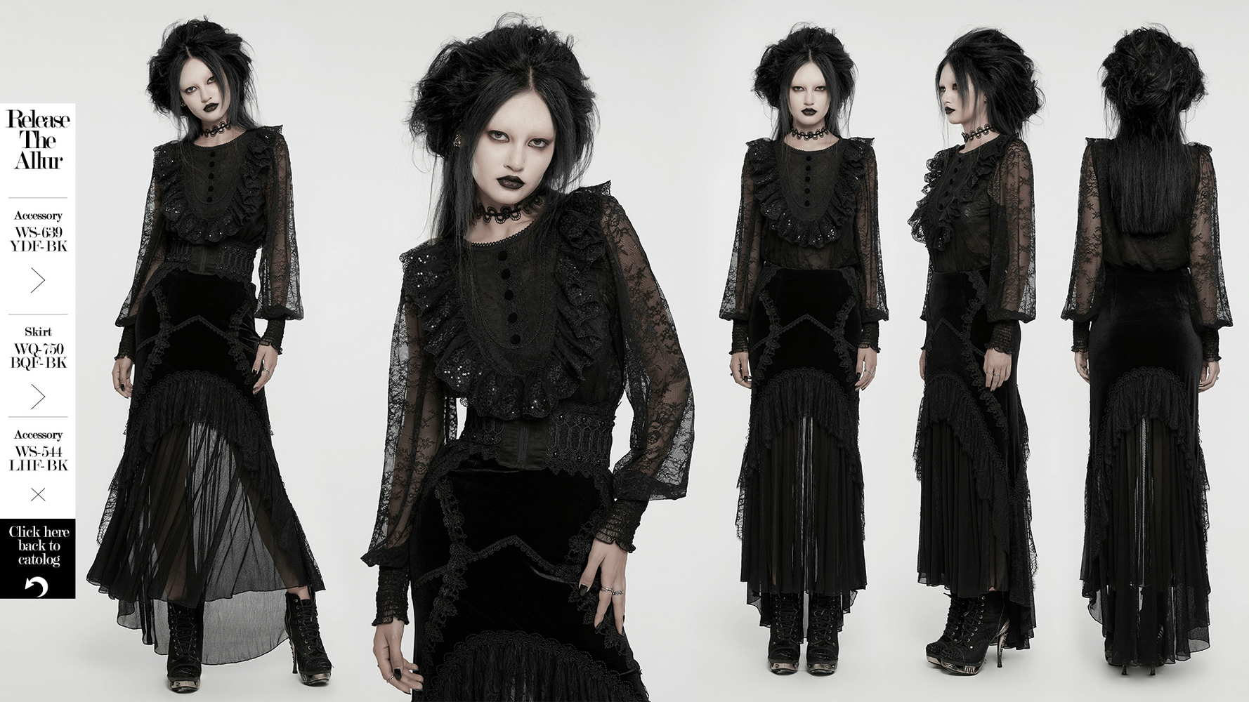 Elegant black lace ruffle blouse with sequins, perfect for gothic fashion lovers, styled with a dramatic black skirt.