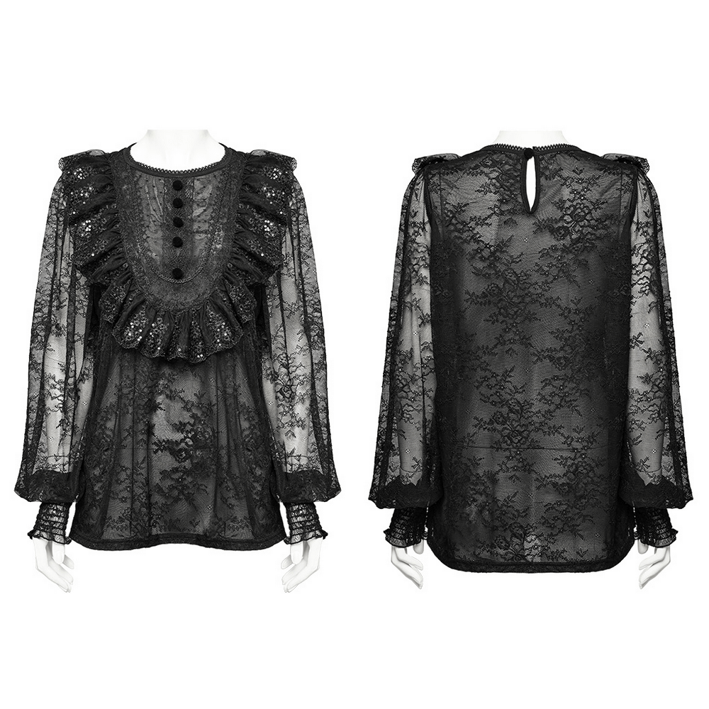 Elegant black lace ruffle blouse with sequins detail, showcasing unique design and intricate button accents.