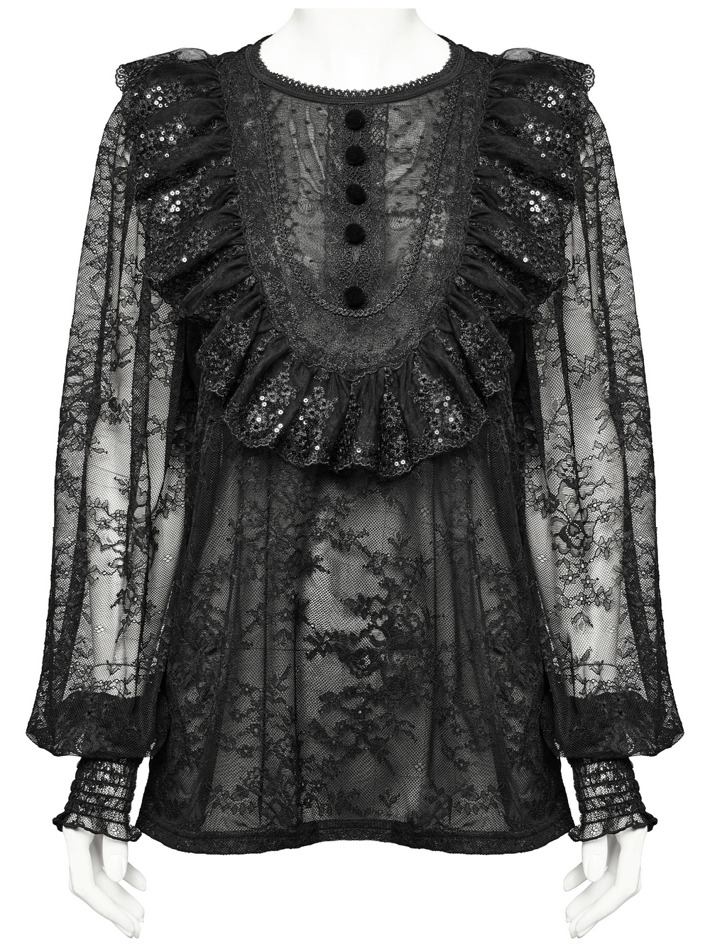 Elegant black lace ruffle blouse with sequins detail, featuring a unique button design and relaxed fit.