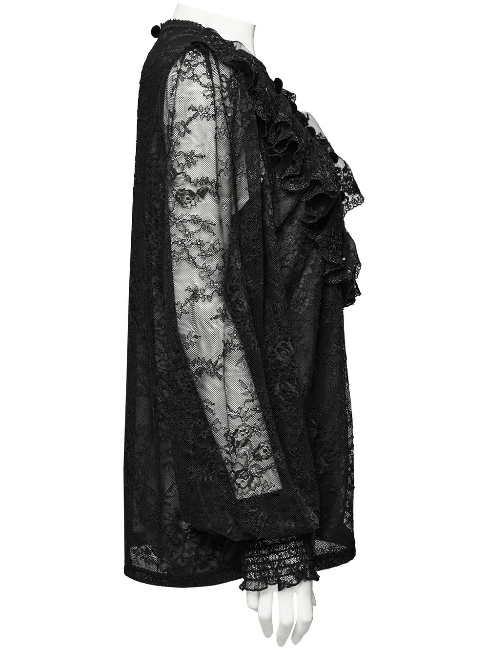 Elegant black lace blouse with ruffles and sequins detail, perfect for a gothic-inspired wardrobe.