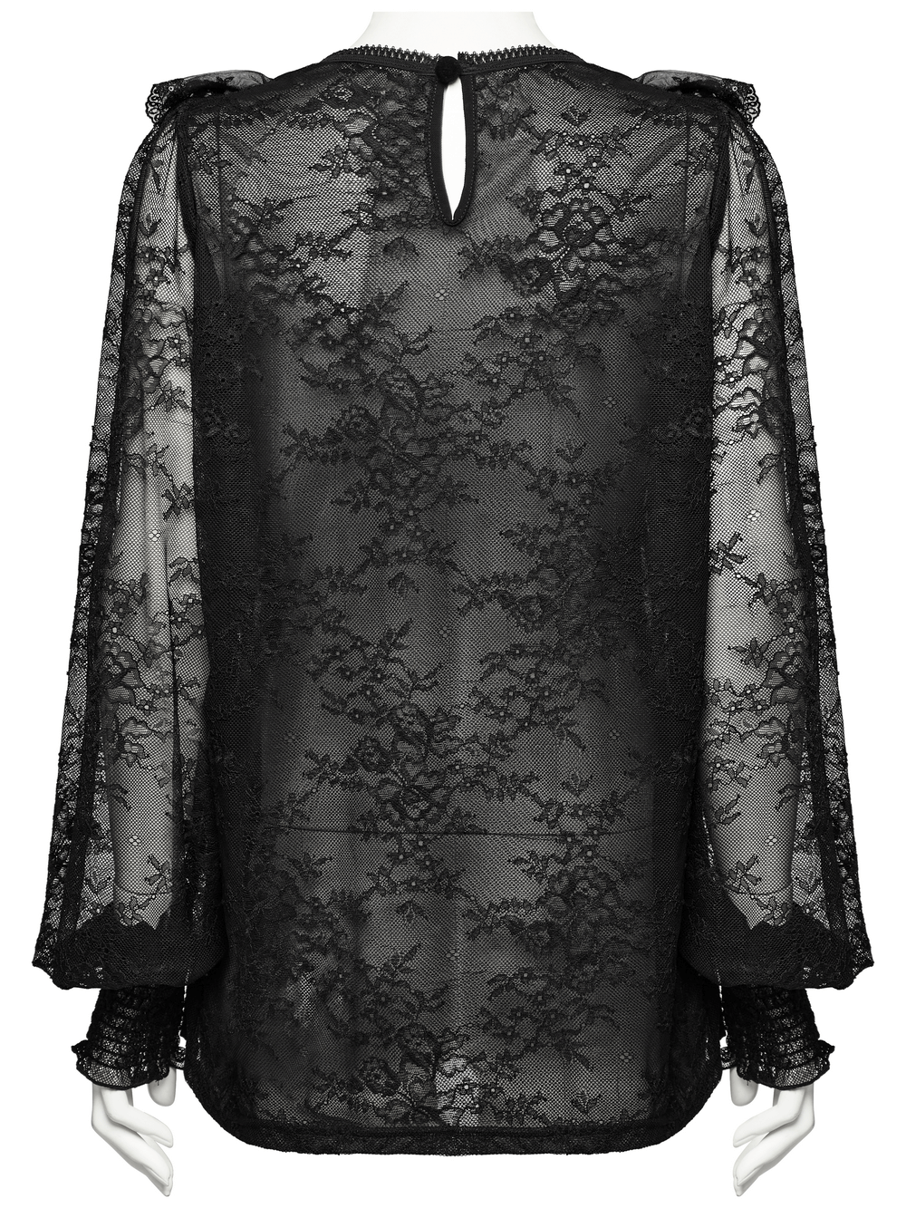 Back view of an elegant black lace blouse with ruffled sleeves and a delicate keyhole detail.