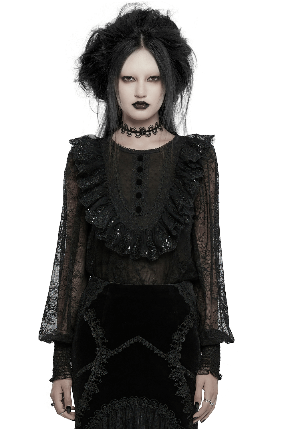 Elegant black lace blouse with ruffle and sequins, perfect for gothic fashion lovers.