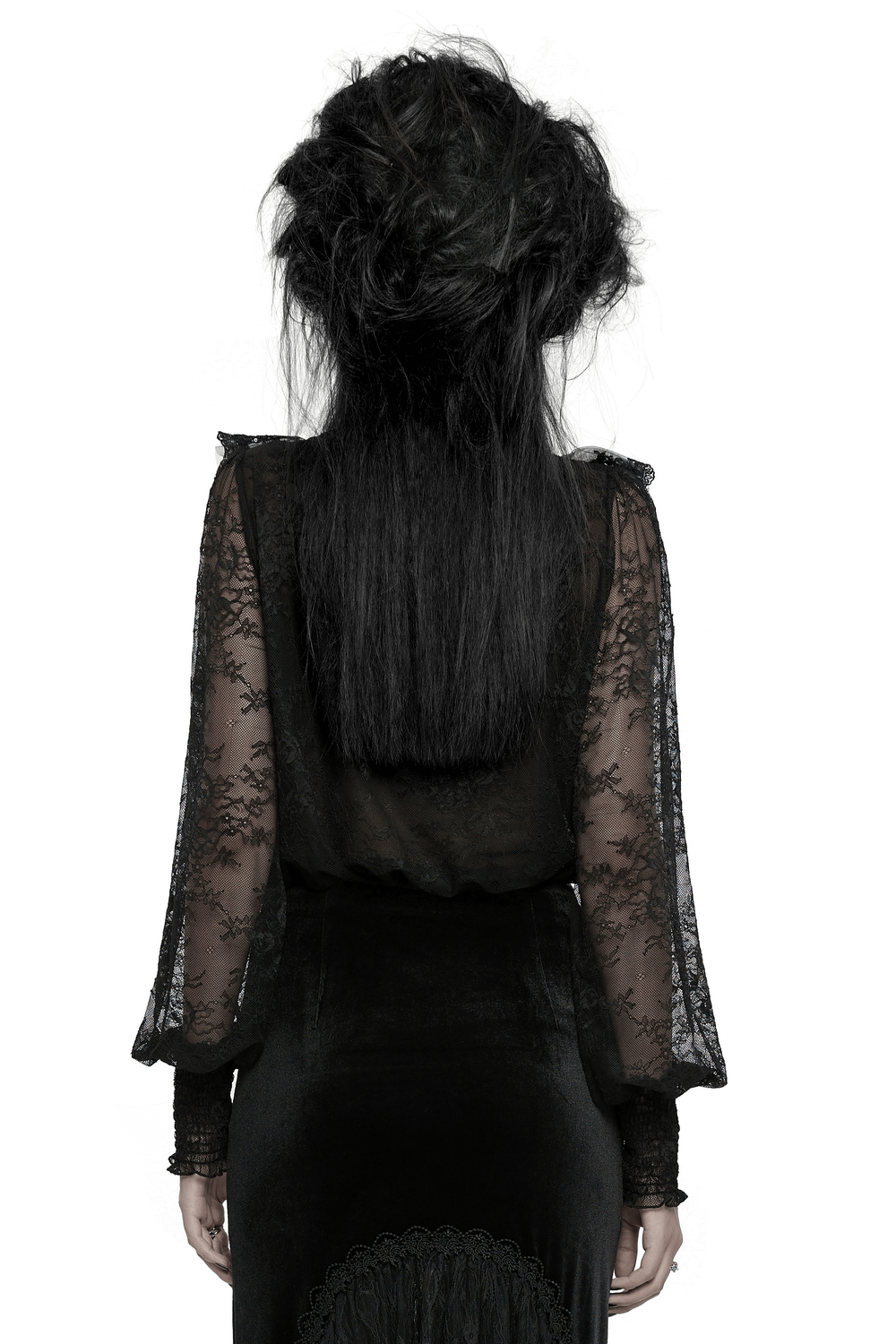 Elegant black lace blouse with ruffle sleeves, showcasing a gothic style and intricate design from the back.