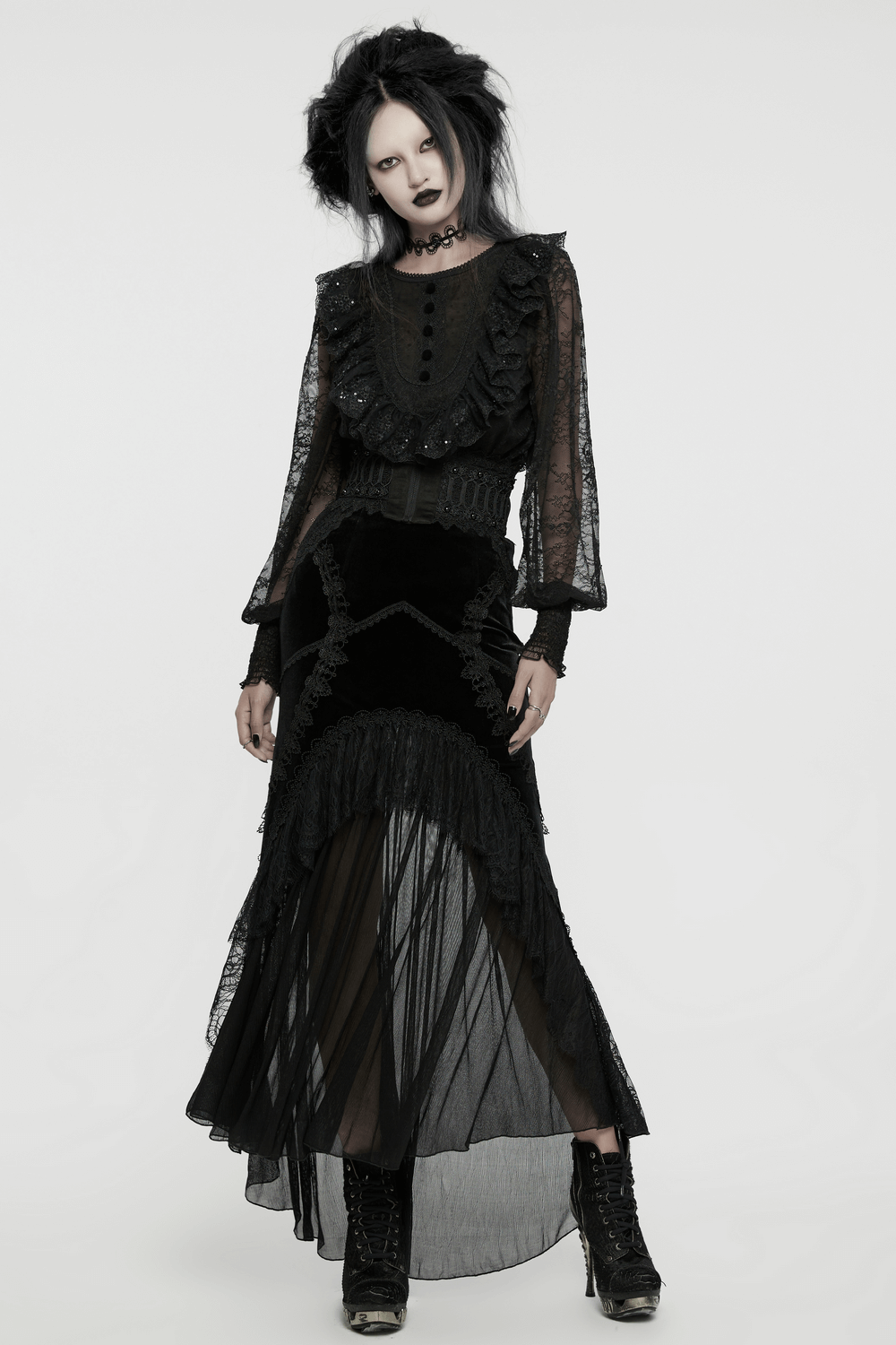 Elegant black lace ruffle blouse with sequins, paired with a flowing gothic skirt for a dramatic look.