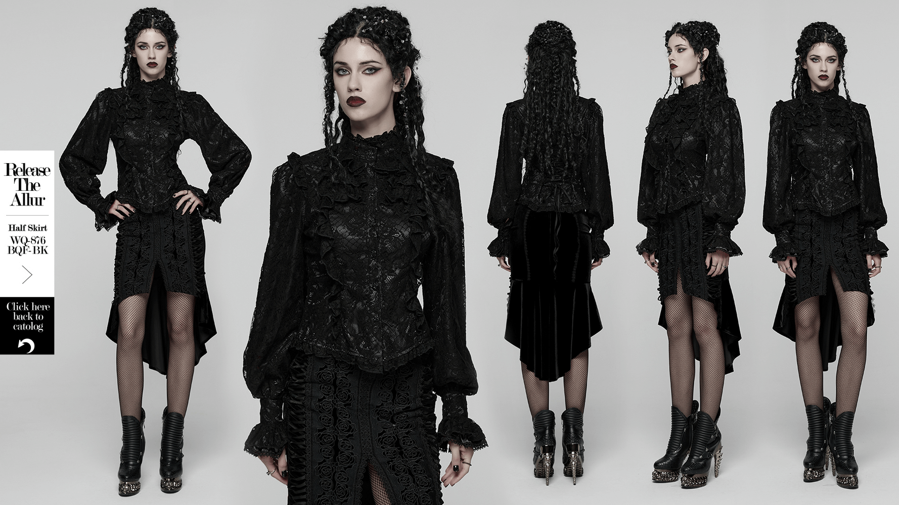 Elegant Black Lace Ruffled Gothic Long Sleeve Blouse worn by model showcasing stunning gothic style and layered lace details.