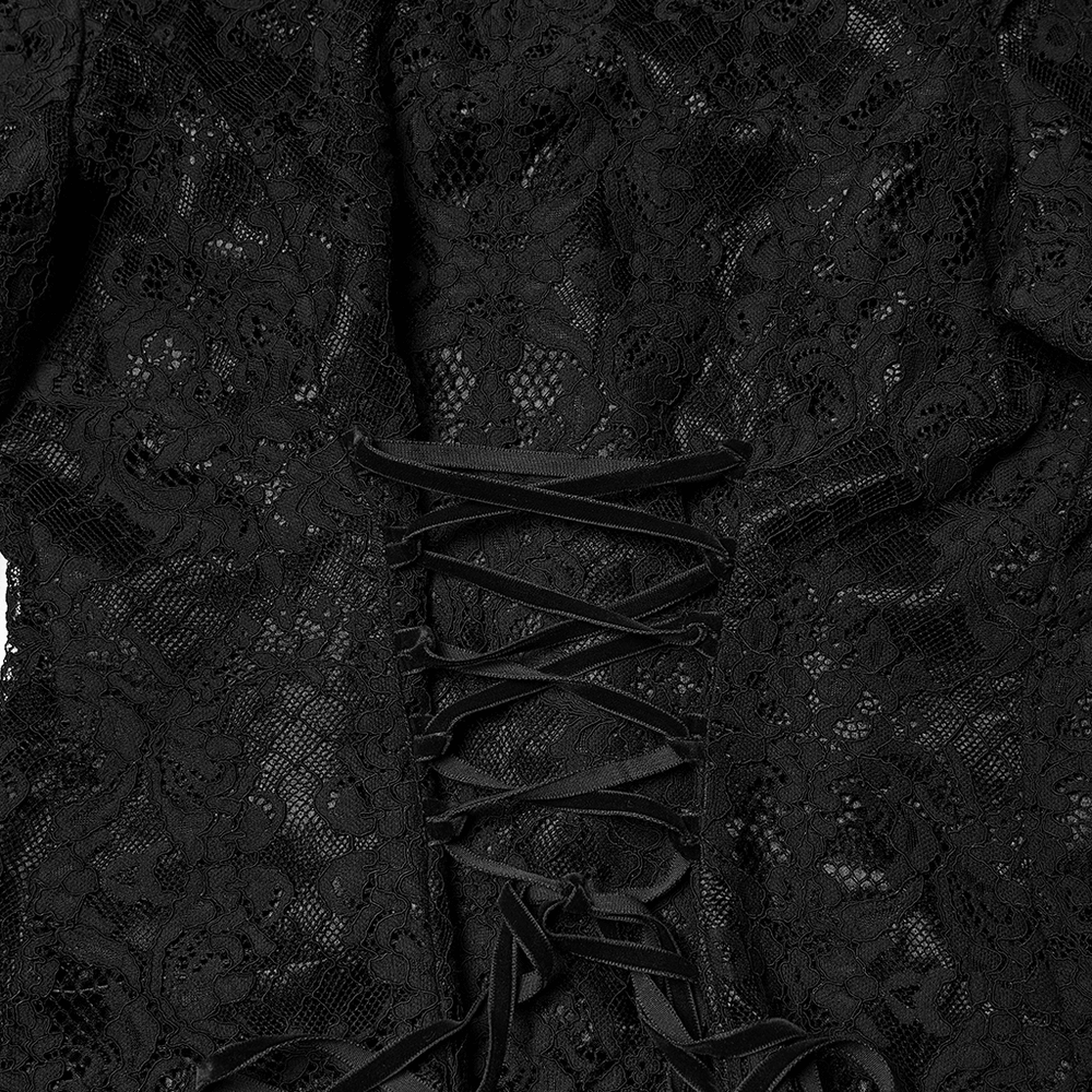 Elegant Black Lace Ruffled Gothic Long Sleeve Blouse with intricate lace detailing and a stylish drawstring back.