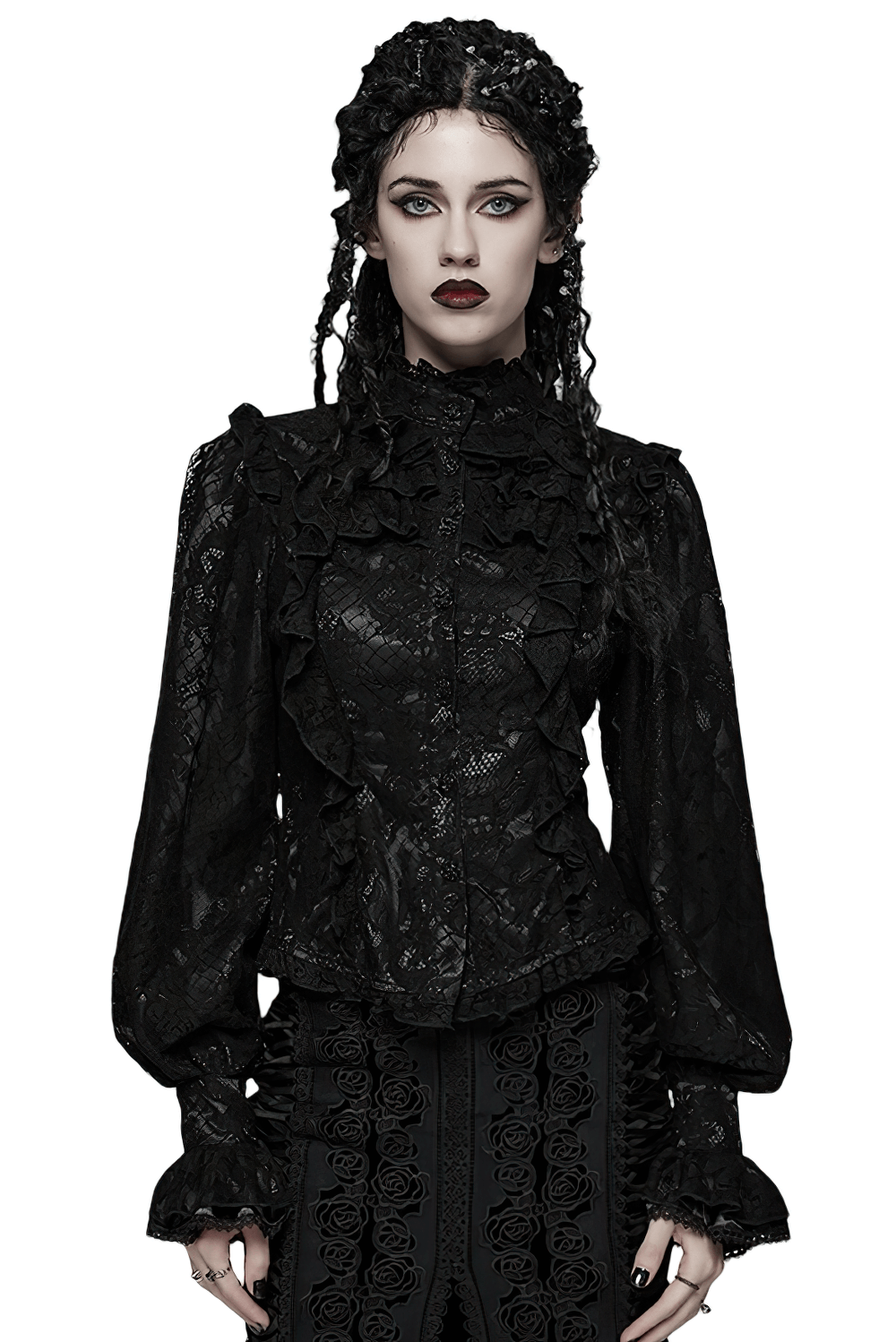 Elegant Black Lace Ruffled Gothic Long Sleeve Blouse worn by a model with gothic makeup and braided hair.