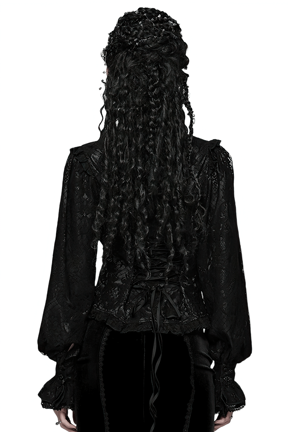 Elegant Black Lace Ruffled Gothic Long Sleeve Blouse showcased from the back, featuring intricate lace and a corset-style design.