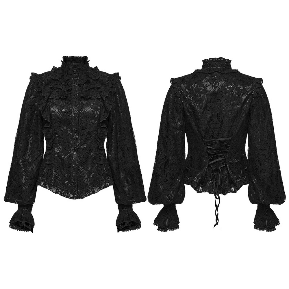 Elegant Black Lace Ruffled Gothic Long Sleeve Blouse showcasing intricate lace and ruffle details with puff sleeves.