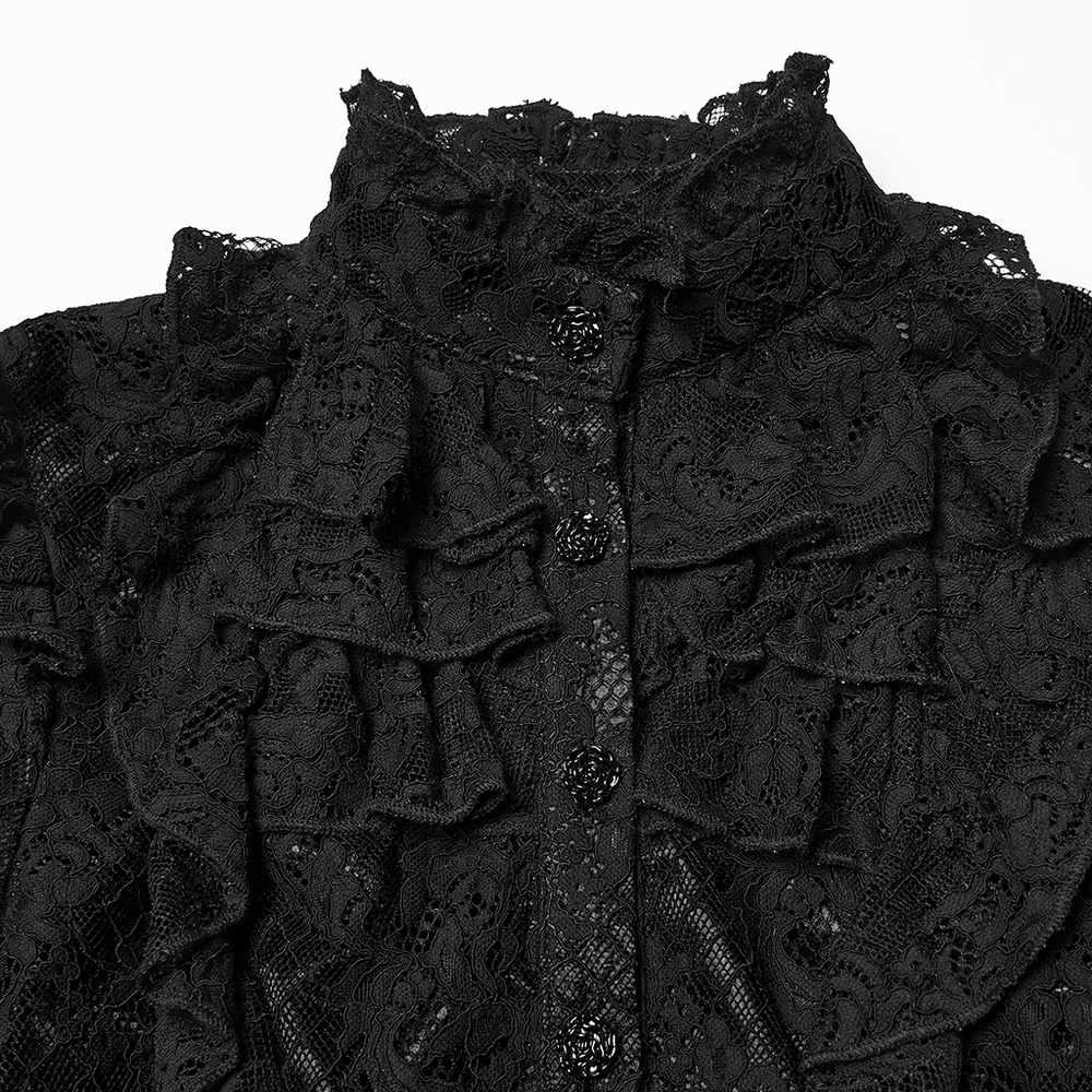 Elegant Black Lace Ruffled Gothic Long Sleeve Blouse featuring intricate ruffle detailing and buttons.
