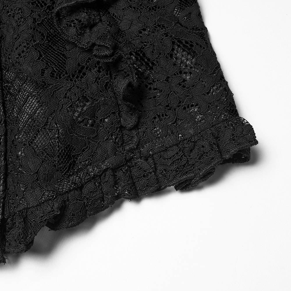 Elegant Black Lace Ruffed Gothic Long Sleeve Blouse close-up showing intricate lace details and ruffle design.
