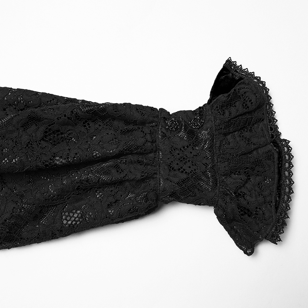 Elegant Black Lace Ruffled Gothic Long Sleeve Blouse sleeve detail showcasing lace and ruffle trim.