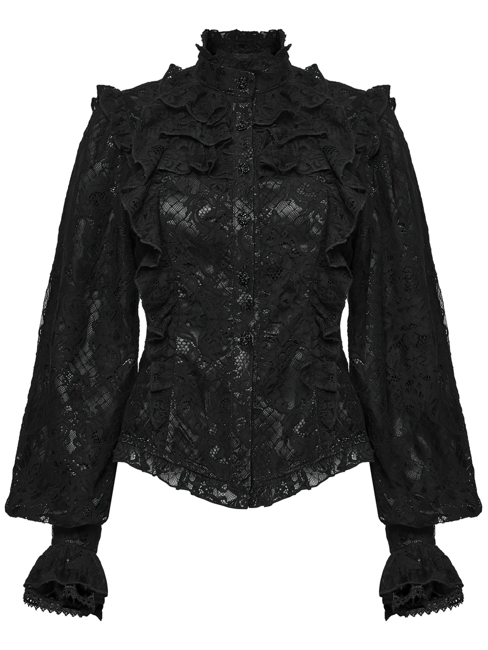 Elegant Black Lace Ruffled Gothic Long Sleeve Blouse with ruffled lace and puffed sleeves for a dramatic silhouette.