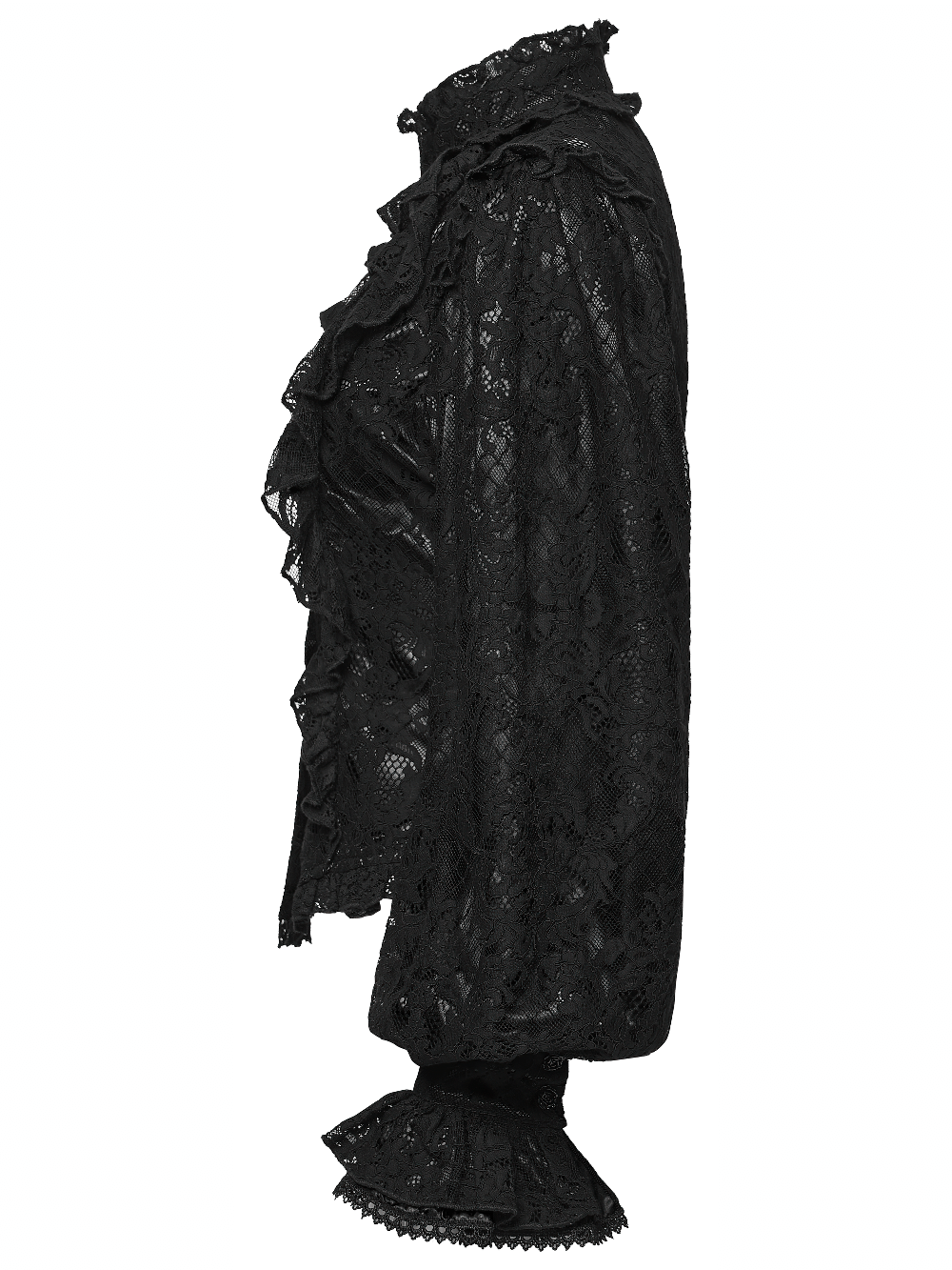 Elegant Black Lace Ruffled Gothic Long Sleeve Blouse side view showcasing ruffled lace and puff sleeves.