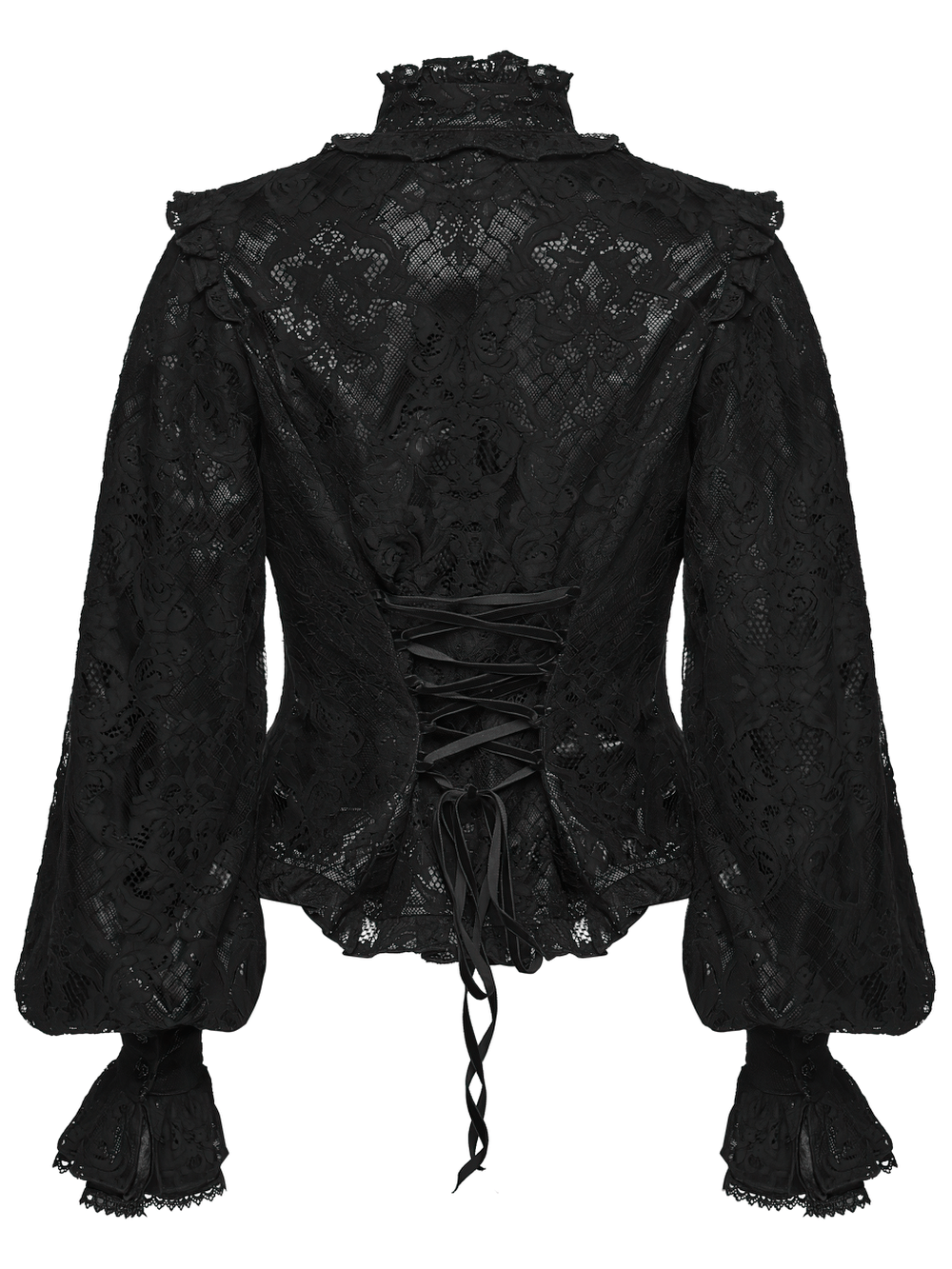 Elegant Black Lace Ruffled Gothic Long Sleeve Blouse back view showcasing intricate lace design and adjustable drawstring.