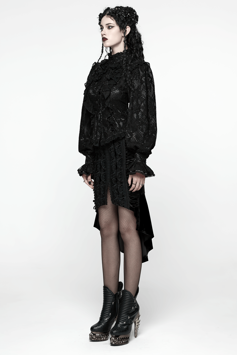 Elegant Black Lace Ruffled Gothic Long Sleeve Blouse worn by a model, showcasing its dramatic ruffled design and puff sleeves.
