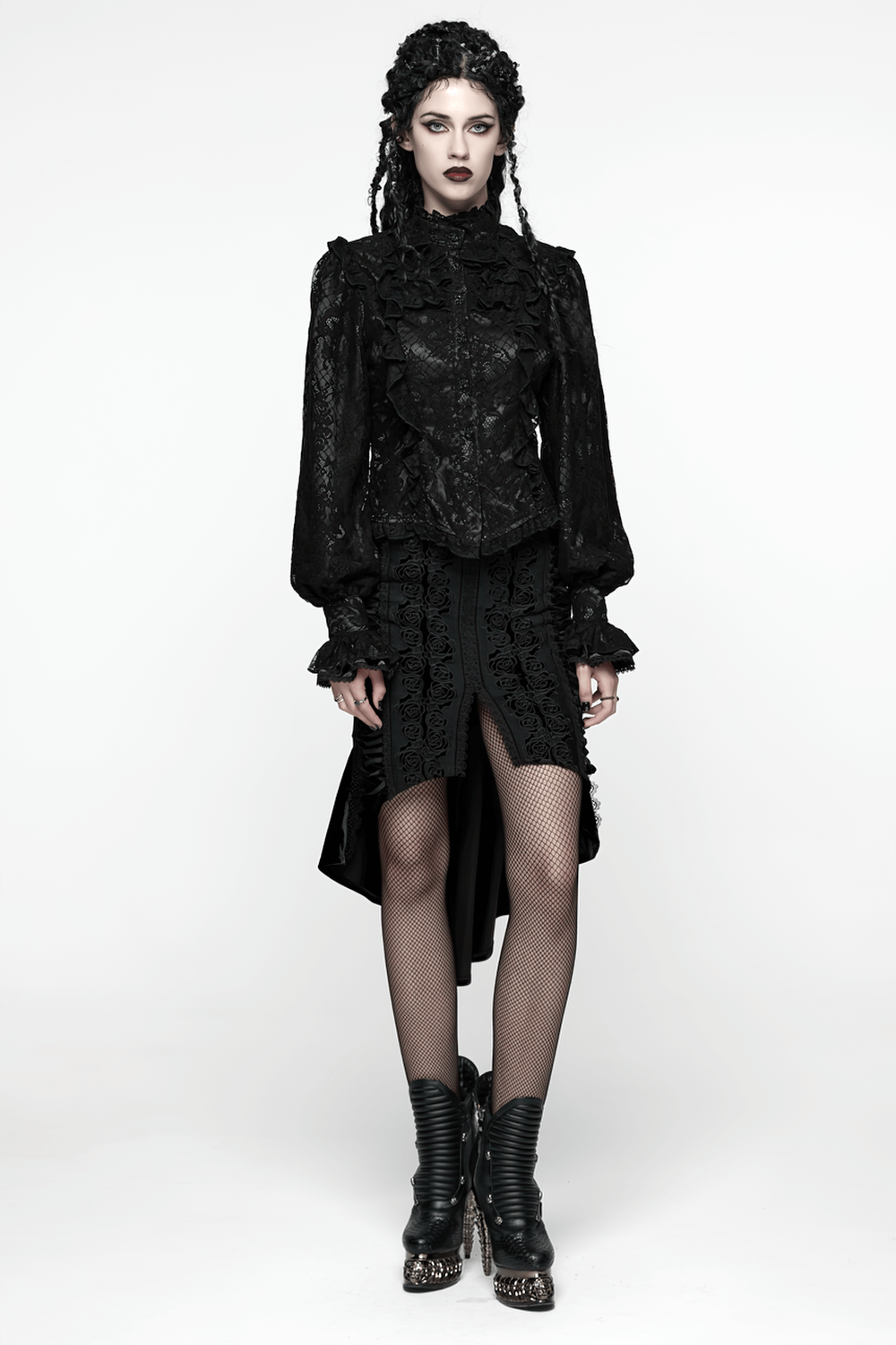 Elegant Black Lace Ruffled Gothic Long Sleeve Blouse worn with dramatic fashion by a model, enhancing gothic elegance.