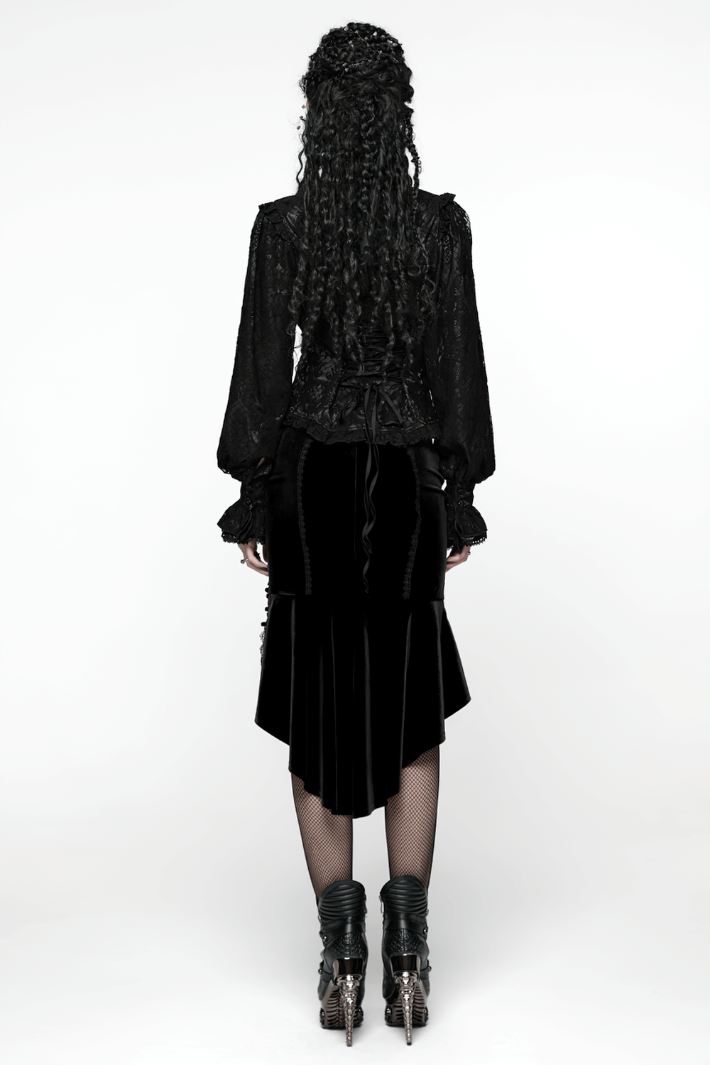Elegant Black Lace Ruffled Gothic Long Sleeve Blouse displayed from the back on a model with long curly hair.
