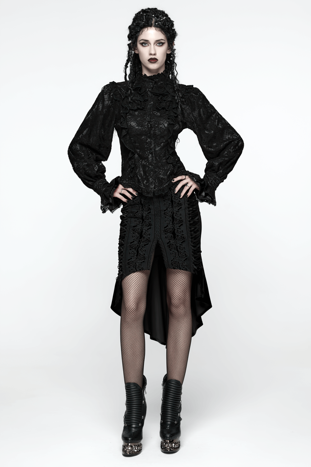 Elegant Black Lace Ruffled Gothic Long Sleeve Blouse worn with stylish black skirt and edgy fishnet stockings.