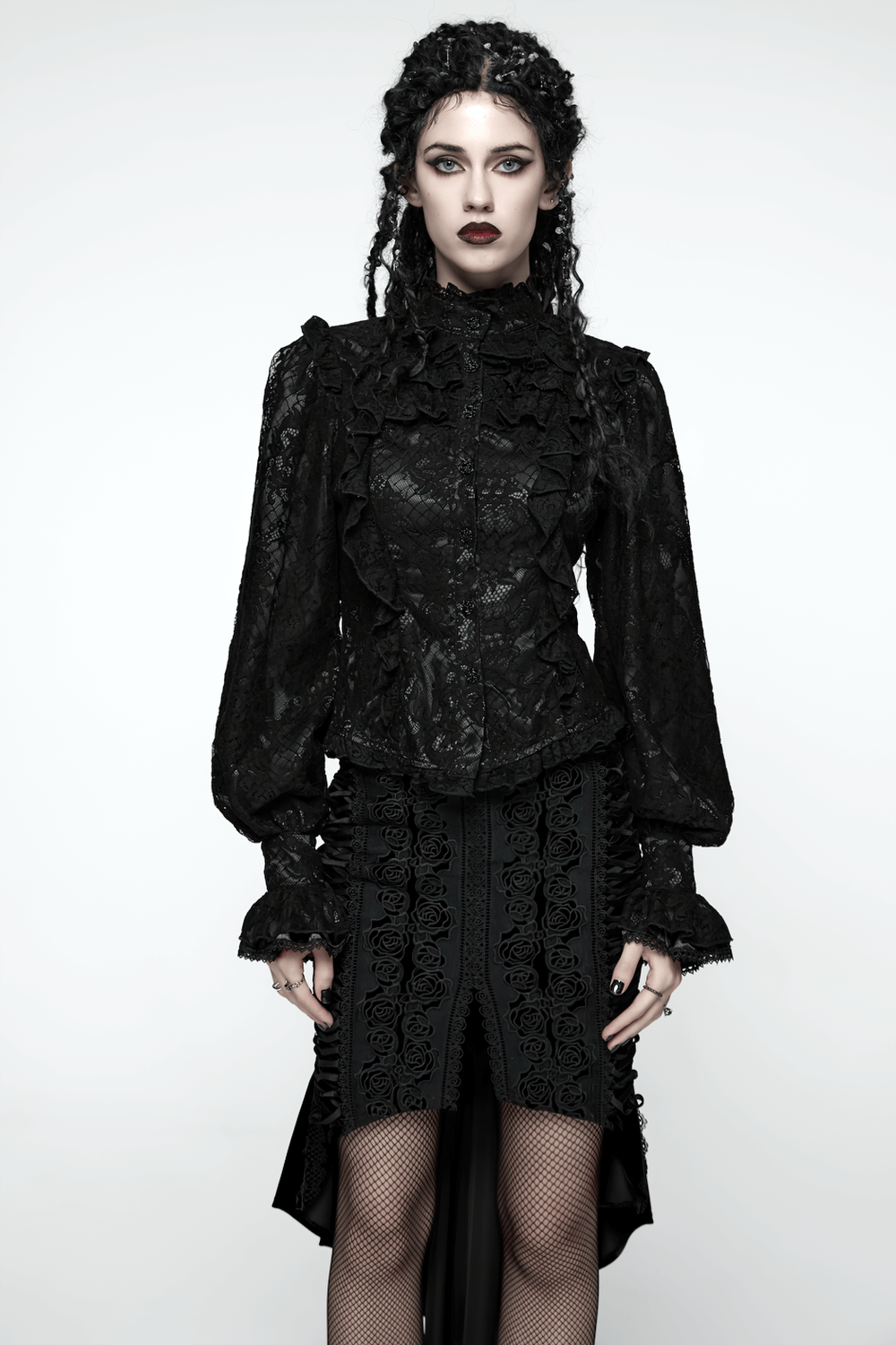 Elegant Black Lace Ruffled Gothic Long Sleeve Blouse worn by model with dramatic makeup and hairstyle.
