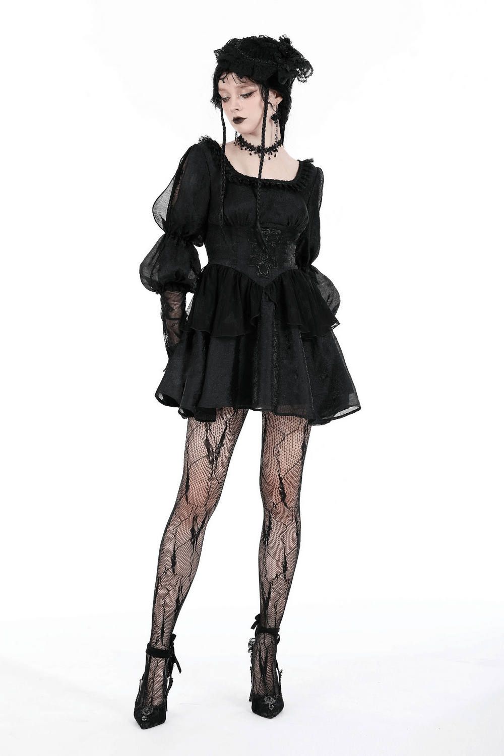 Elegant Black Lace Short Dress with Puff Sleeves