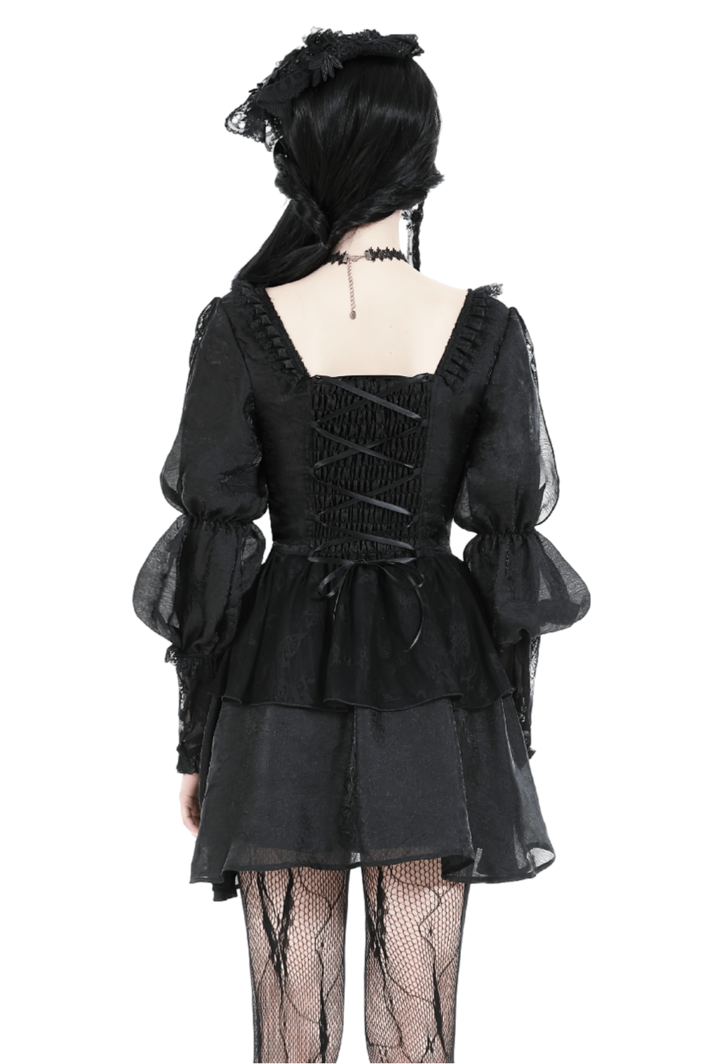 Elegant Black Lace Short Dress with Puff Sleeves