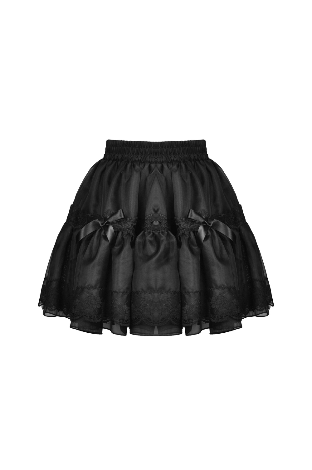 Elegant black lace A-line skirt with bow details, perfect for gothic-inspired evening wear.