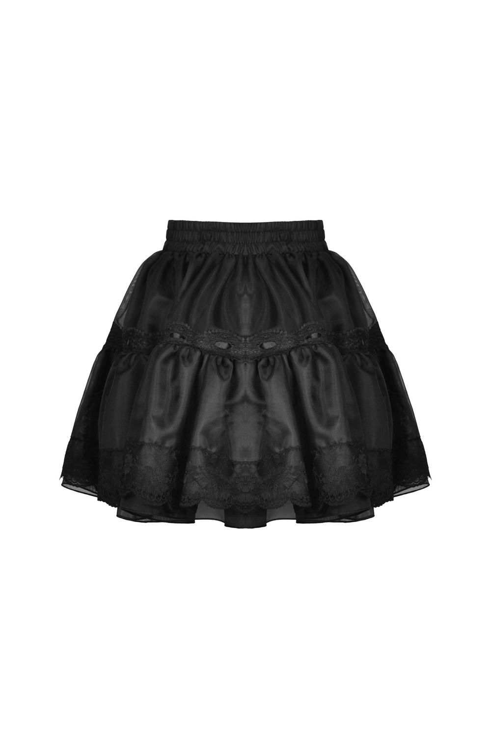 Elegant black lace A-line skirt with bow details, perfect for gothic-inspired evening wear.