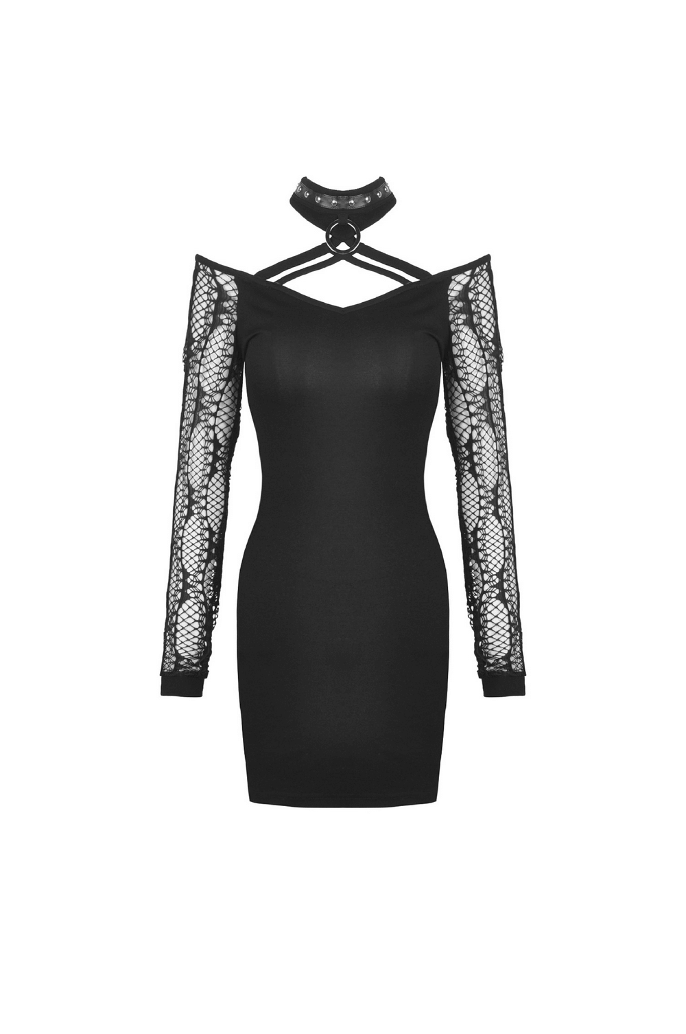 Elegant black mini dress with lace sleeves and choker detail, perfect for chic evening wear.