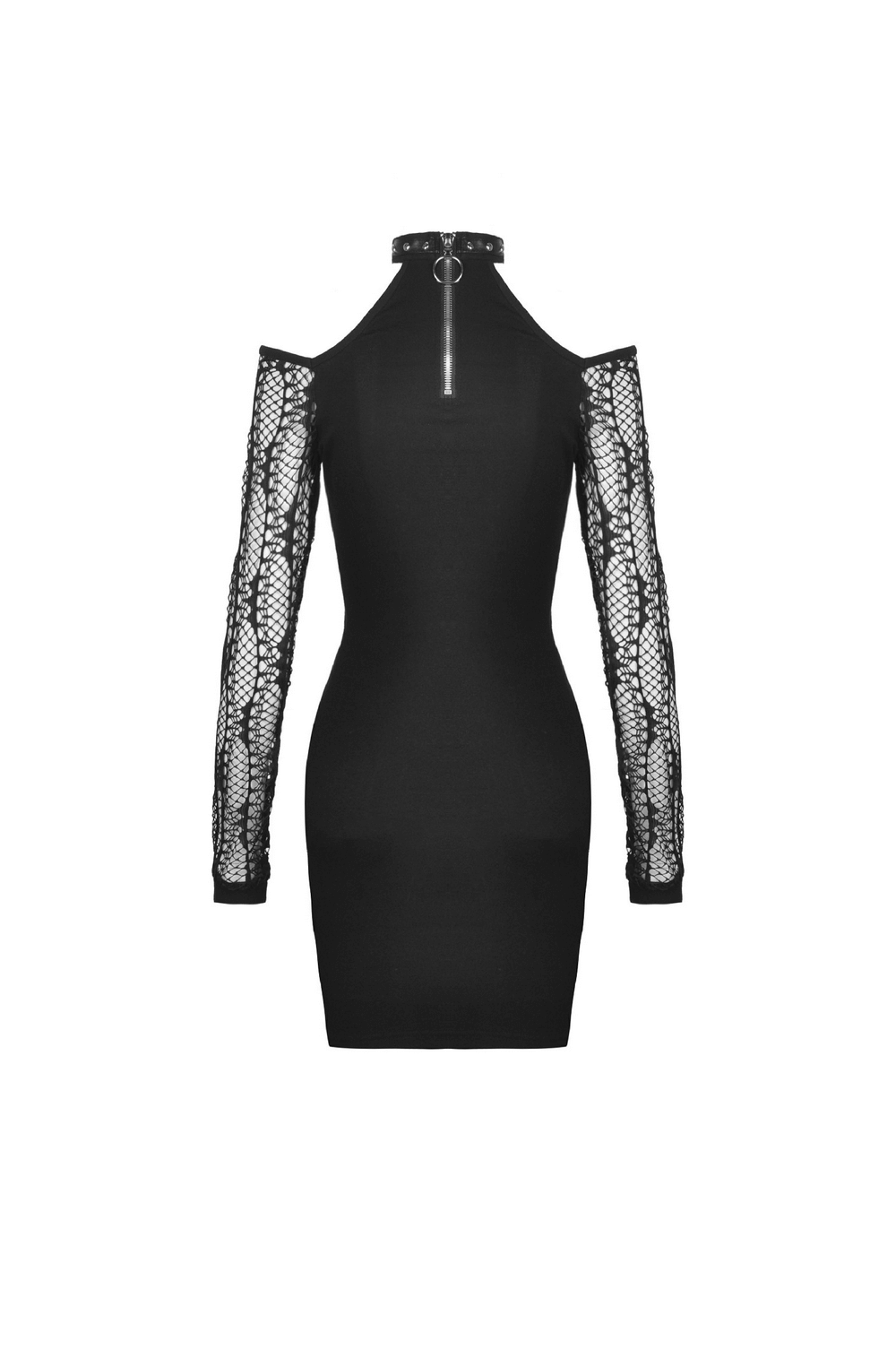 Elegant black off-shoulder mini dress with lace sleeves and choker detail, perfect for chic evening events.