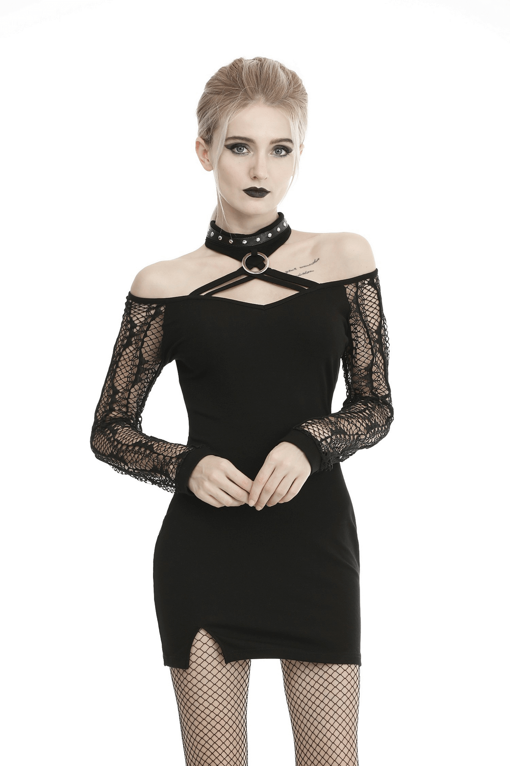 Elegant off-shoulder black dress with lace sleeves and choker detail, perfect for chic modern fashion.
