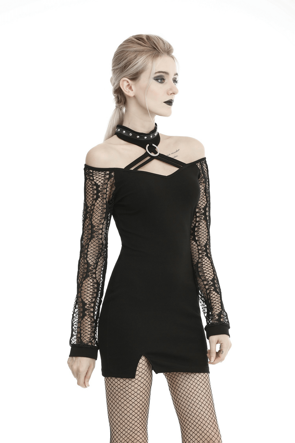 Elegant black mini dress with lace sleeves and choker detail, perfect for chic, modern style.