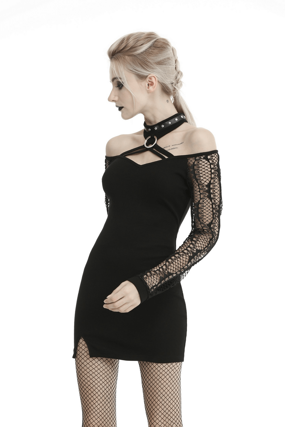Chic off-shoulder black lace sleeves dress with choker detail, perfect for stylish modern women.