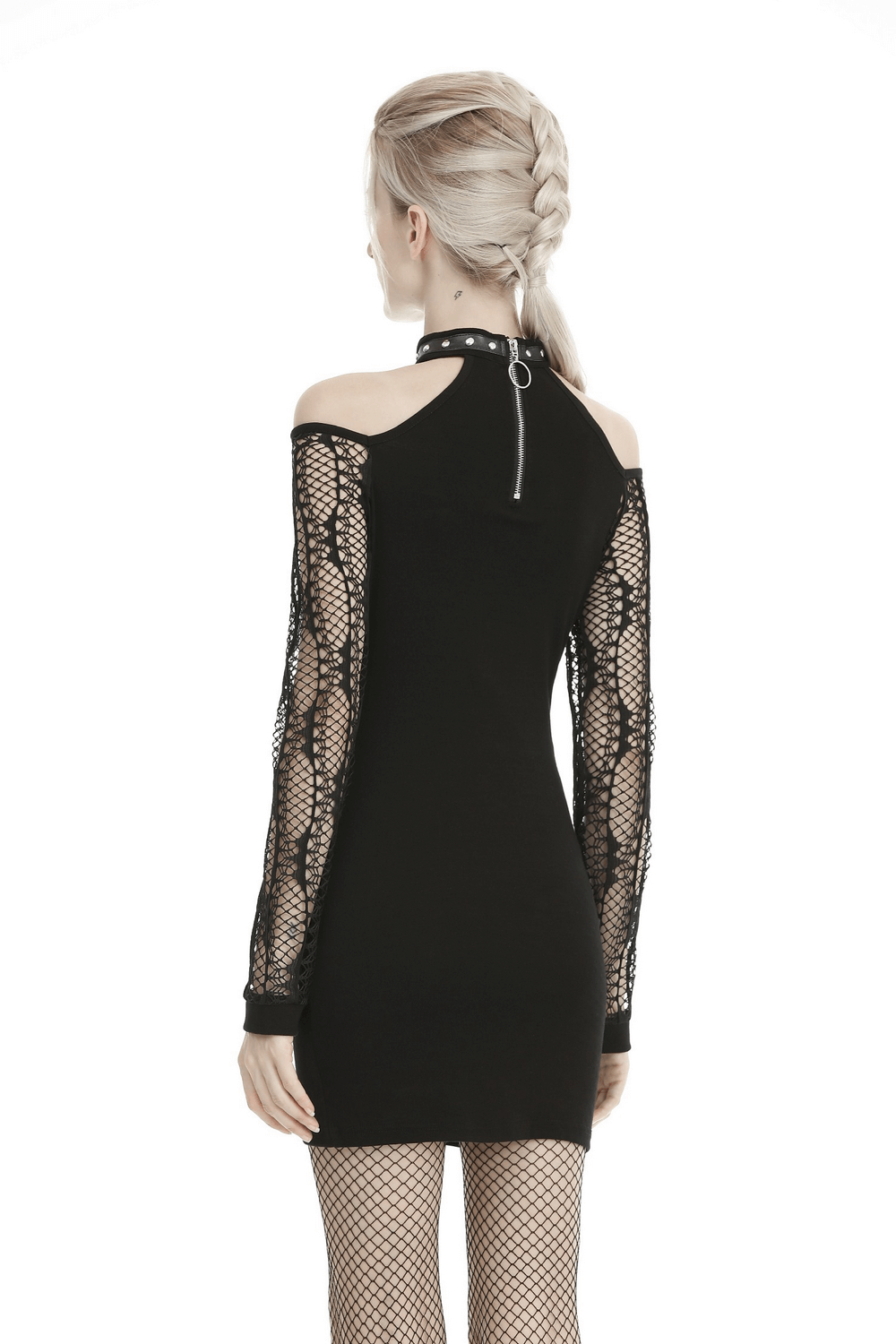 Elegant black off-shoulder mini dress with lace sleeves and choker detail, showcasing a stylish, form-fitting silhouette.