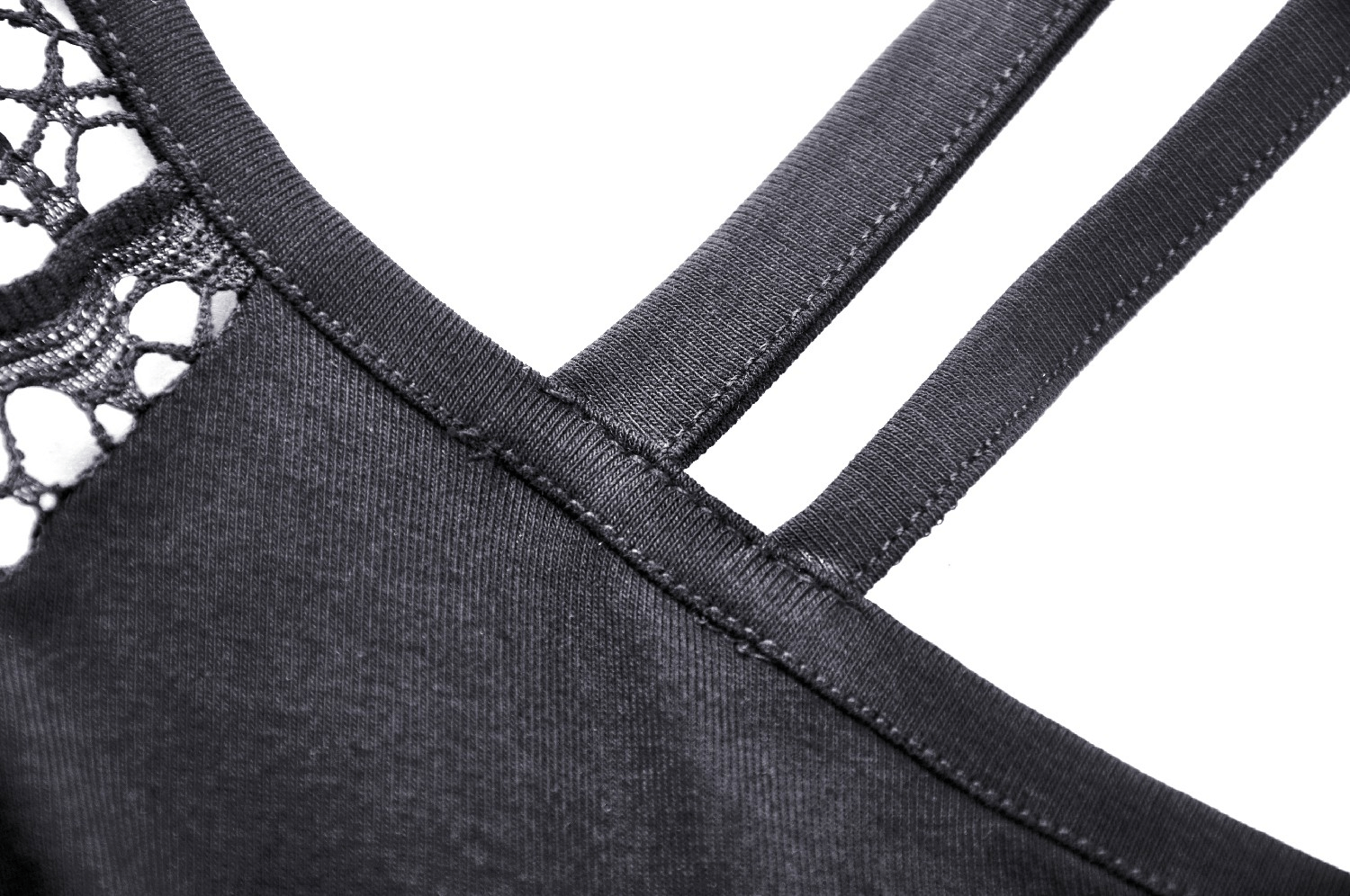 Close-up of elegant black lace detailing on off-shoulder dress straps, showcasing intricate design and style.