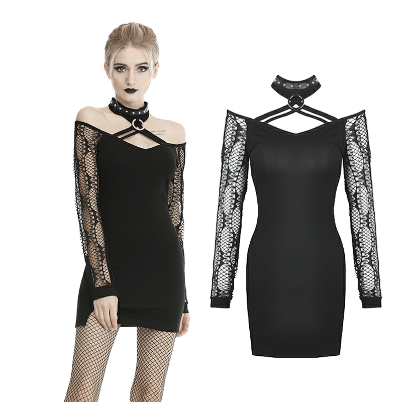 Elegant black off-shoulder mini dress featuring lace sleeves and choker detail, perfect for chic modern fashion.