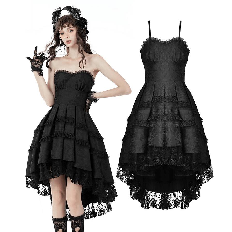 Elegant black lace tiered evening dress for stylish night outs and events, featuring intricate detailing and a flattering fit.