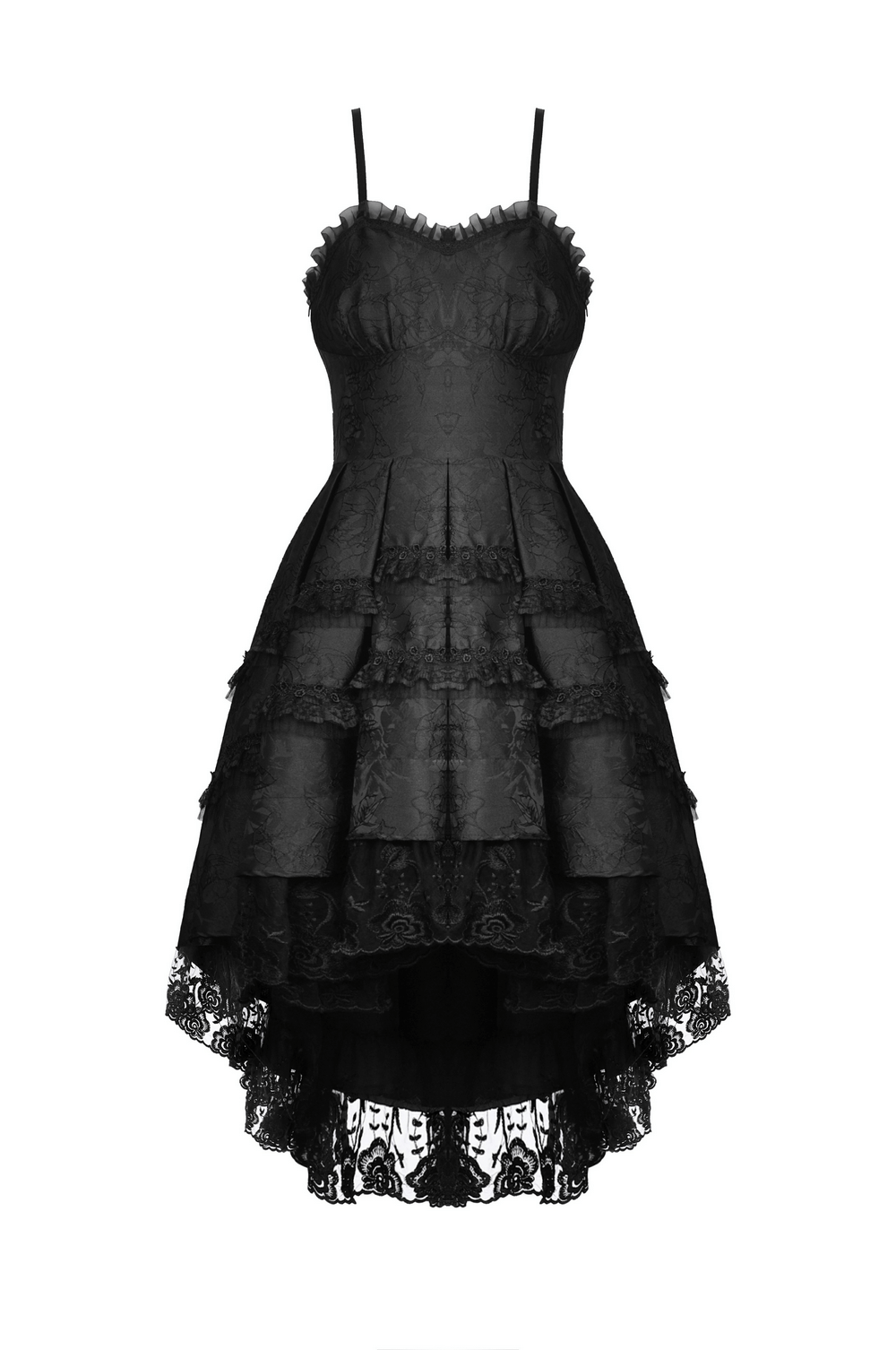 Elegant black lace tiered evening dress with intricate detailing, perfect for night outs and formal events.