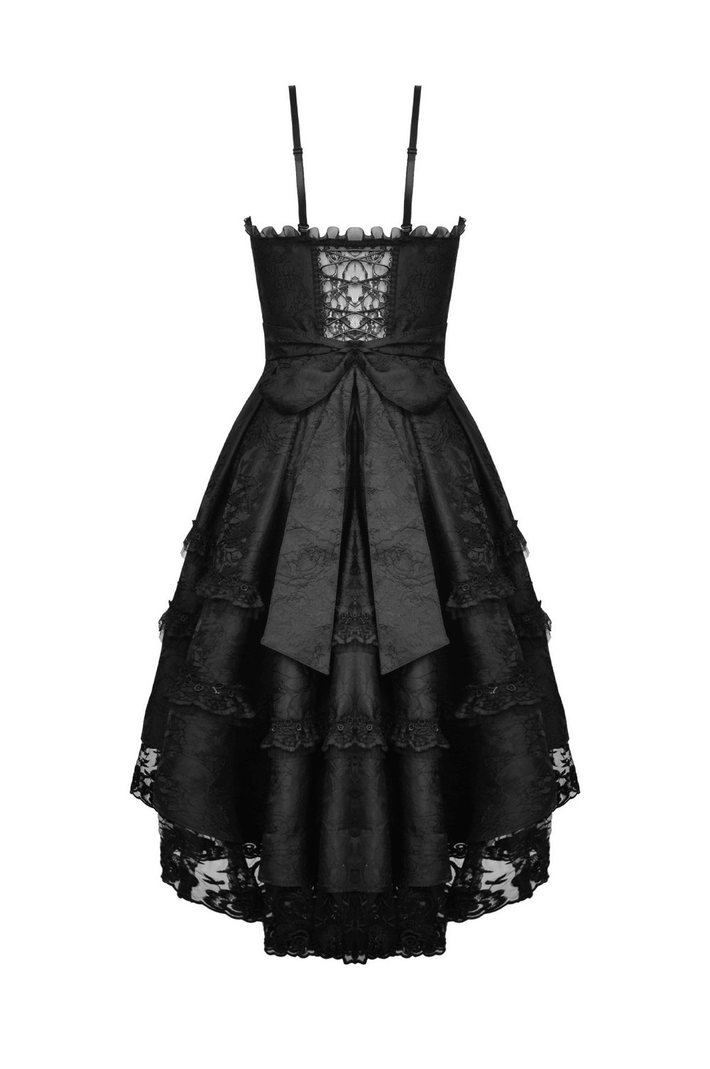 Elegant black lace tiered evening dress with intricate detailing, perfect for night outs and formal events.