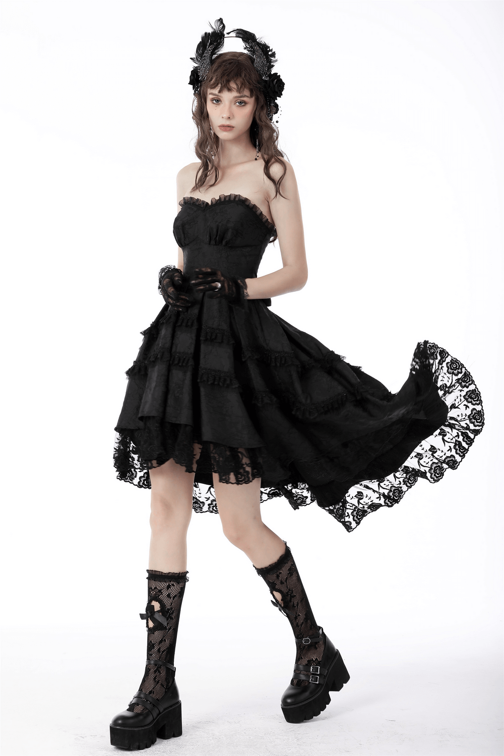 Elegant black lace tiered evening dress with stylish details, perfect for night events and sophisticated gatherings.