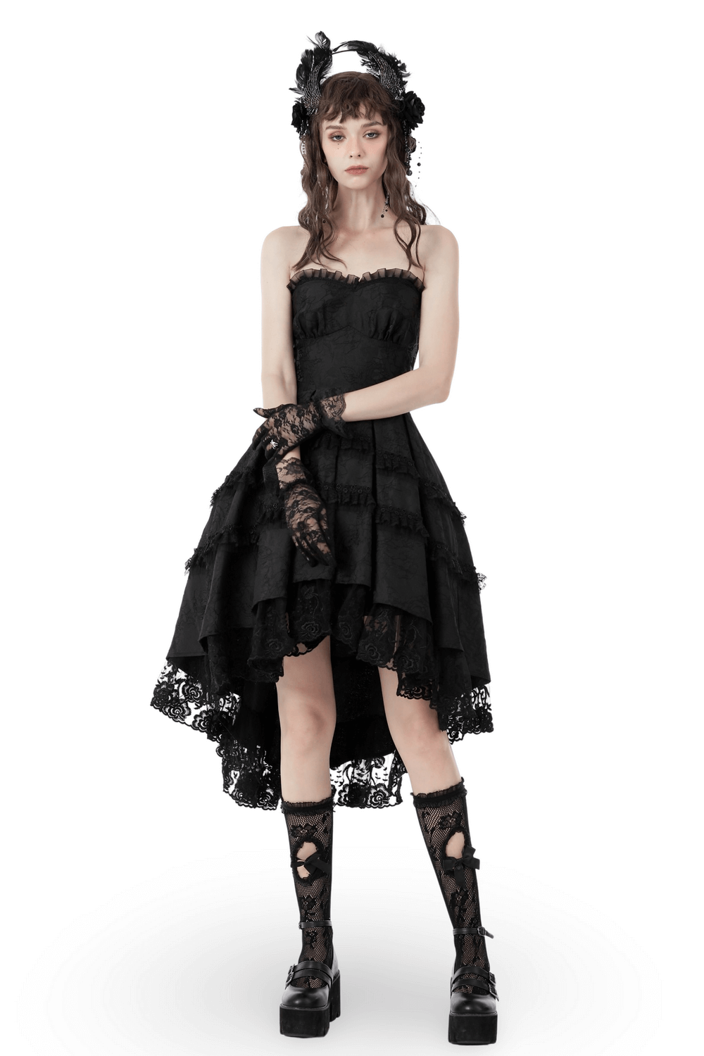 Elegant black lace tiered evening dress, perfect for stylish night outs and formal events.