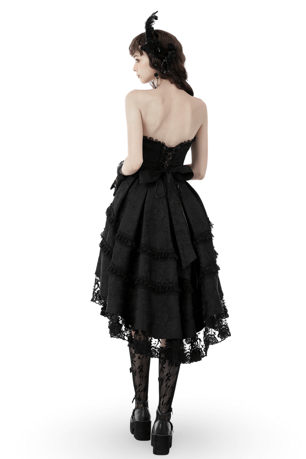Elegant black lace tiered evening dress with a sophisticated back view, perfect for formal events or night outs.