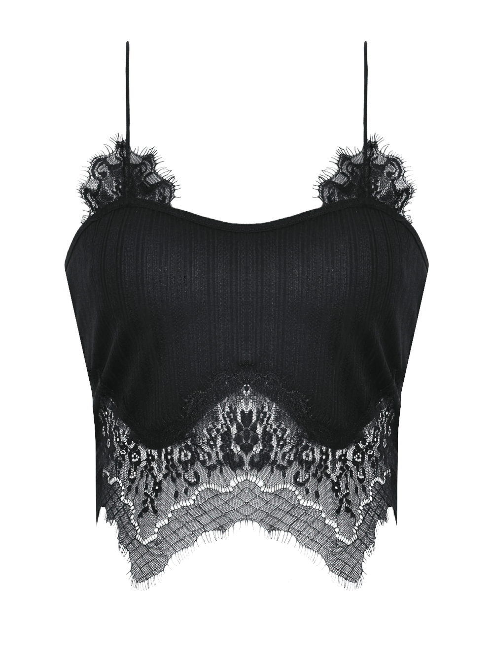 Elegant black lace-trimmed ribbed camisole top with adjustable straps, perfect for gothic and punk fashion.
